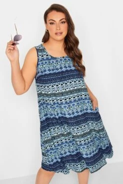 YOURS - Robe Bleue Marine Volanté Coupe Droite AztÚque