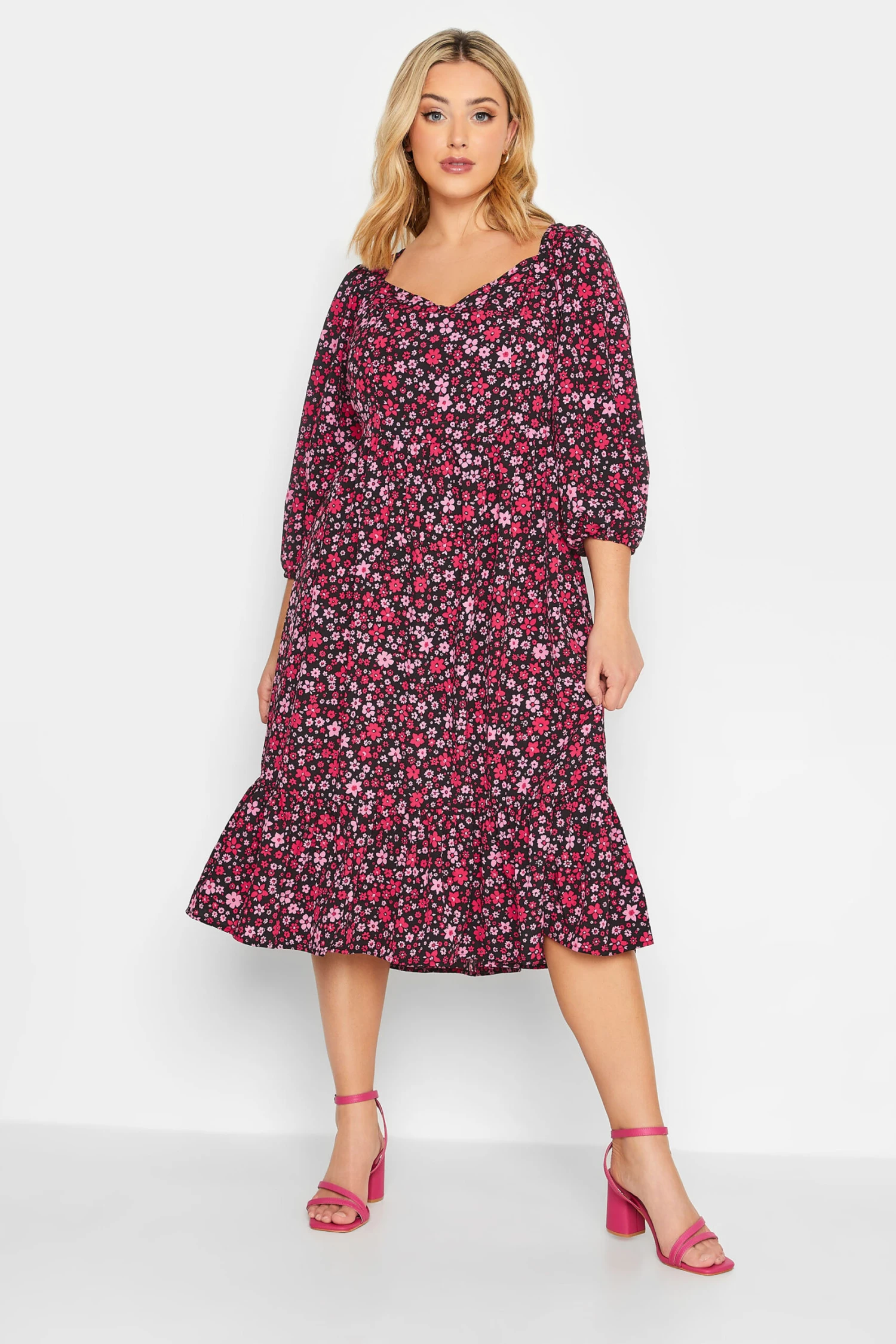Robe Rose Midi Floral Cache-Coeur Manches Bouffantes 3 Robe Rose Midi Floral Cache-Coeur Manches Bouffantes