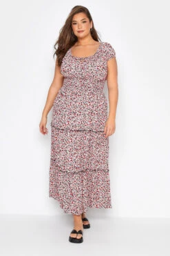 Robe Maxi Blanche & Orange Petites Fleurs Coupe Bardot