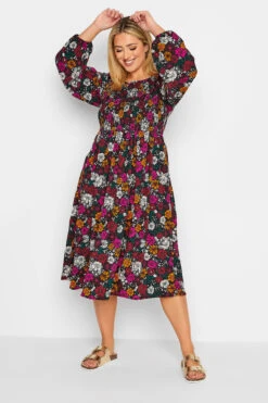 Robe Noire Floral Rétro Rose & Vert Manches En Ballons