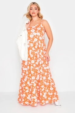 YOURS - Robe Orange Floral Volantée Fines Bretelles Maxi En Jersey