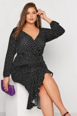 YOURS LONDON - Robe Noire Cache-Coeur à Pois Manches Longues -GrandeTendance Boutique 67f90ef2 a7be 4b 161799 D