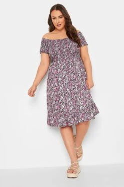 YOURS - Robe Midi Rose Floral Bardot Volanté