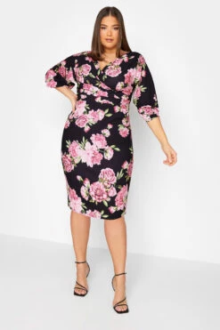 YOURS LONDON - Robe Noire Floral Rose Cache-Coeur