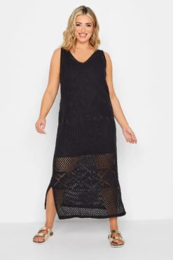 YOURS - Robe Midaxi Noire Crochet Manches Longues