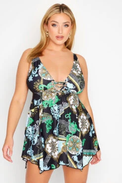 Robe De Bain Noire Imprimé Foulard Volantée