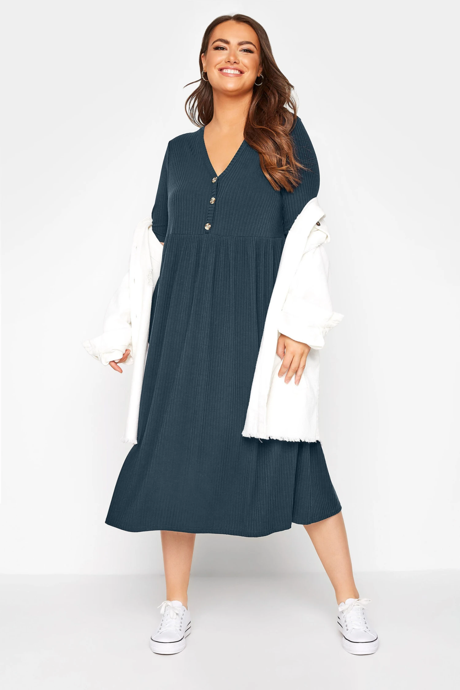 LIMITED COLLECTION - Robe Midi Bleue Marine Nervuré Peplum 4 LIMITED COLLECTION - Robe Midi Bleue Marine Nervuré Peplum – Image 2