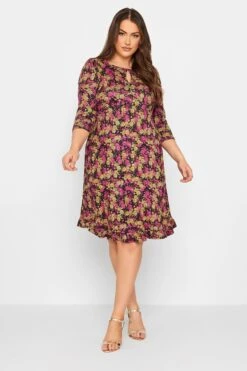 Robe Midi Rose & Jaune Floral Volanté