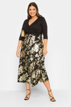 YOURS LUXURY - Robe Noire Cache-Coeur Imprimé Floral Doré