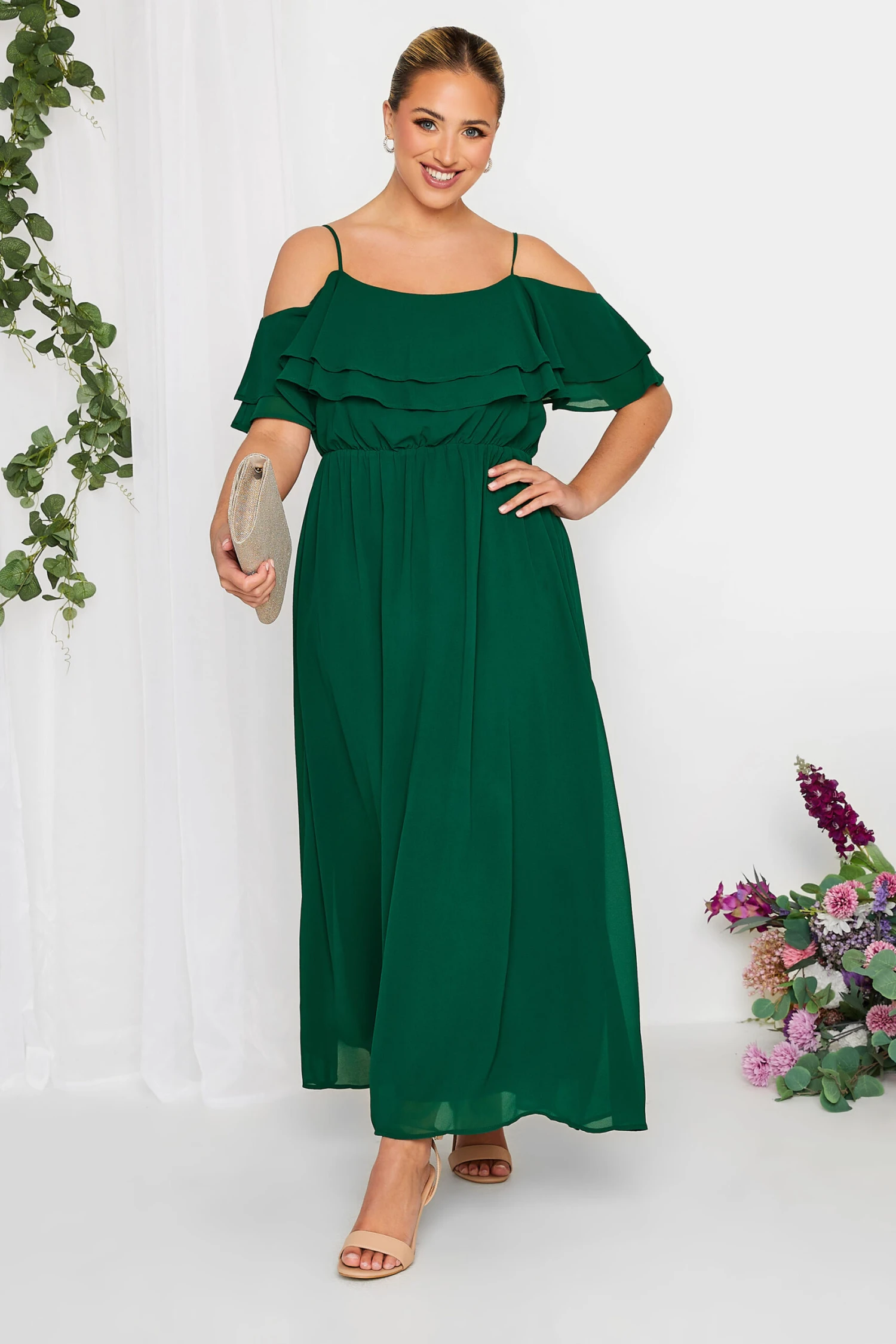 YOURS LONDON - Robe Verte Bardot Volanté Mousseline Demoiselle D'Honneur 3 YOURS LONDON - Robe Verte Bardot Volanté Mousseline Demoiselle D'Honneur