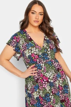 YOURS - Robe Maxi Noire & Verte Cache-Coeur Petites Fleurs Manches Volantées -GrandeTendance Boutique 774083c8 69e1 49 301889 D