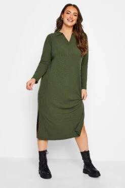Robe Midi Verte Kaki Nervurée à Fente -GrandeTendance Boutique 7774778c 1151 40 137256 B