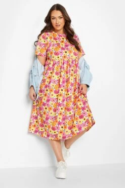YOURS - Robe Rose & Jaune Floral Smocké Manches Courtes