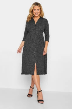 YOURS - Robe Noire Midi Boutonnée Léopard