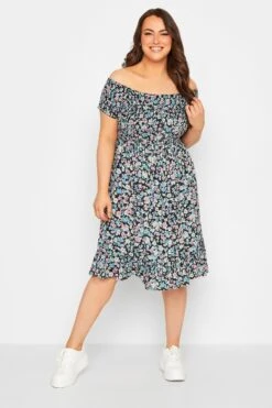 YOURS - Robe Noire Floral Bleu Volanté Manches Courtes -GrandeTendance Boutique 83256d37 d77d 49 137330 B