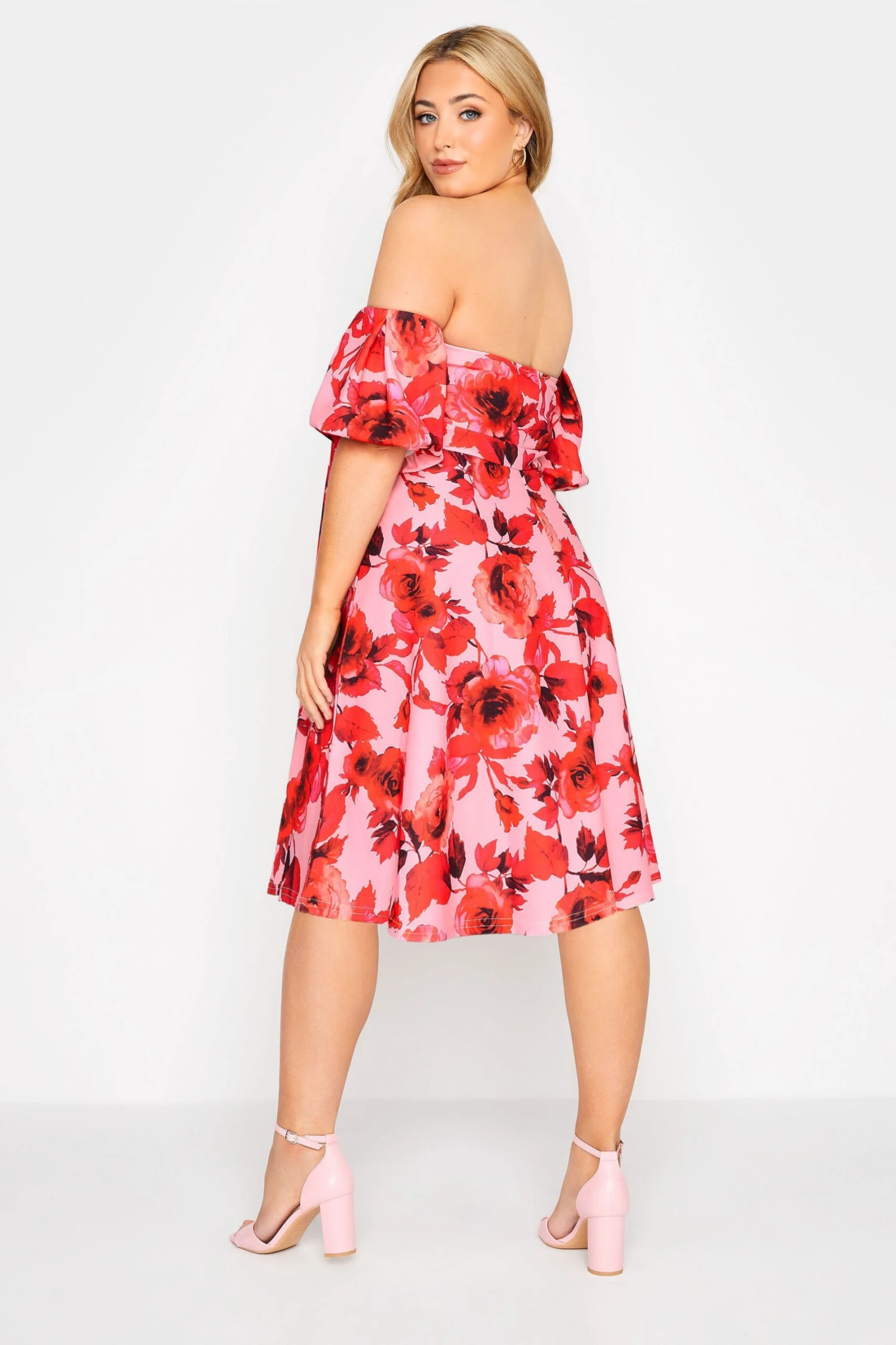 YOURS LONDON - Robe Rose & Rouge Floral Design Bardot 5 YOURS LONDON - Robe Rose & Rouge Floral Design Bardot – Image 3