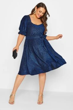 YOURS LONDON - Robe Bleue Paillettée Manches Courtes Bouffantes