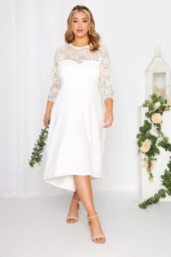 YOURS LONDON - Robe Blanche Midi Encolure & Manches Dentelle