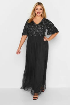 LUXE - Robe Noire Maxi Sequins Manches Courtes & Volantées