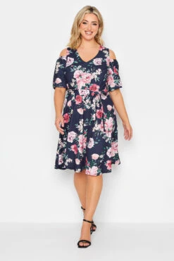 YOURS LONDON - Robe Bleue Marine Fleurie Ăpaules AjourĂ©es