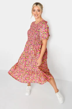 LIMITED COLLECTION - Robe Midi Rose & Jaune Floral Smocké