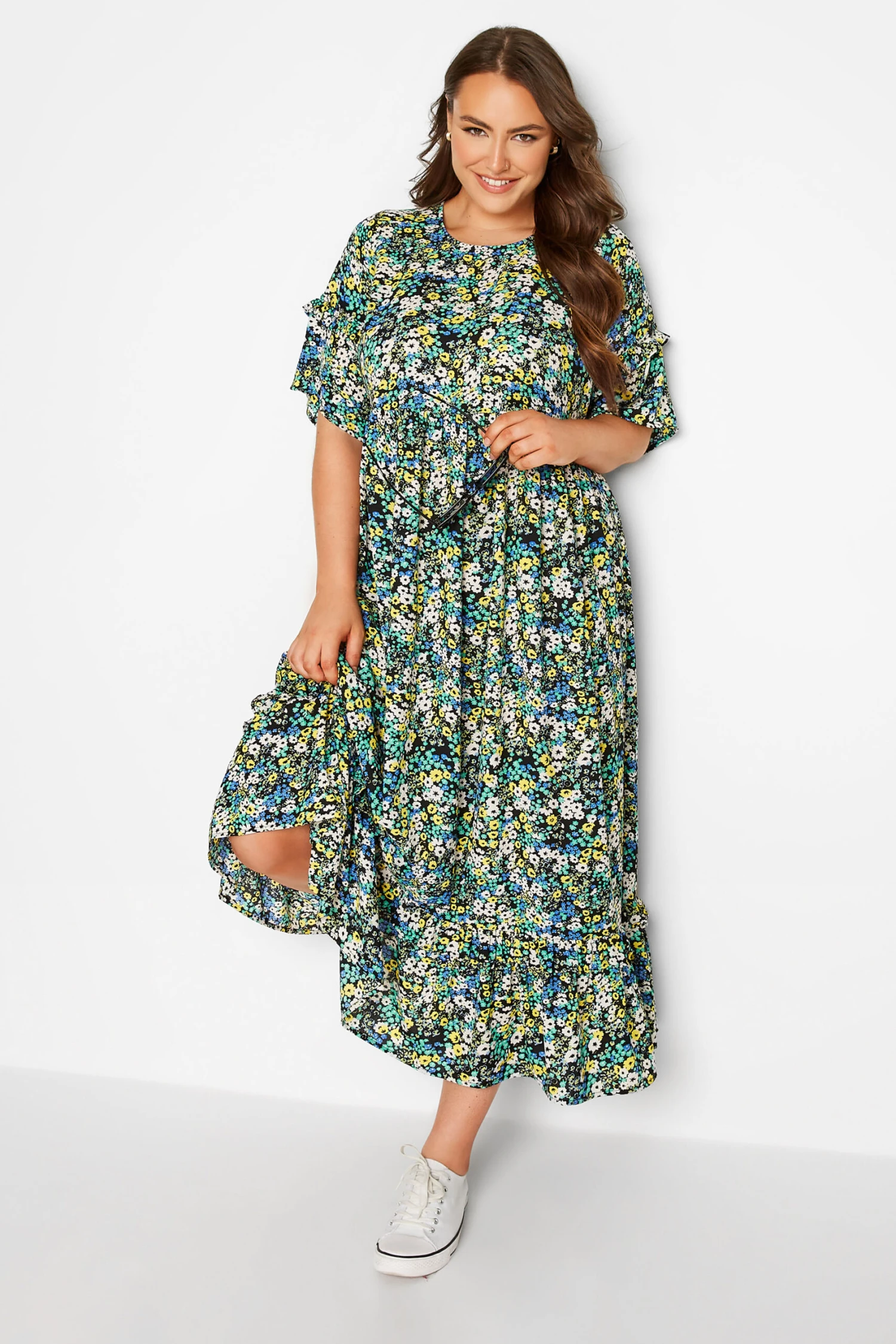 Robe Verte Multi-Floral Volanté En Maxi