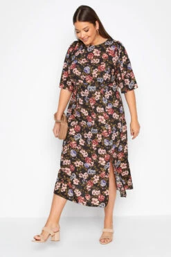 Robe Noire Midi à Fente Floral Rose & Doré