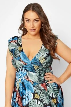 Robe De Bain Noire Imprimé Feuilles Tropicales Volantée -GrandeTendance Boutique 96e328a7 f1ce 49 150256 D
