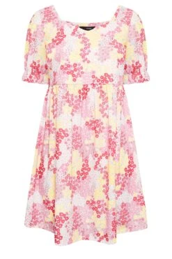 LIMITED COLLECTION - Robe Rose & Jaune Floral Smocké Volanté Encolure Coeur -GrandeTendance Boutique 98778de4 e7a9 42 215514 X