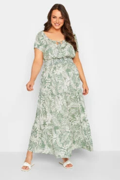 Robe Verte Maxi Imprimé Floral Tropical Manches Courtes