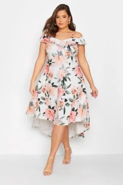 YOURS LONDON - Robe Blanche & Corail Floral En Bardot Demoiselle D'Honneur