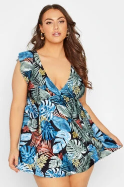 Robe De Bain Noire Imprimé Feuilles Tropicales Volantée