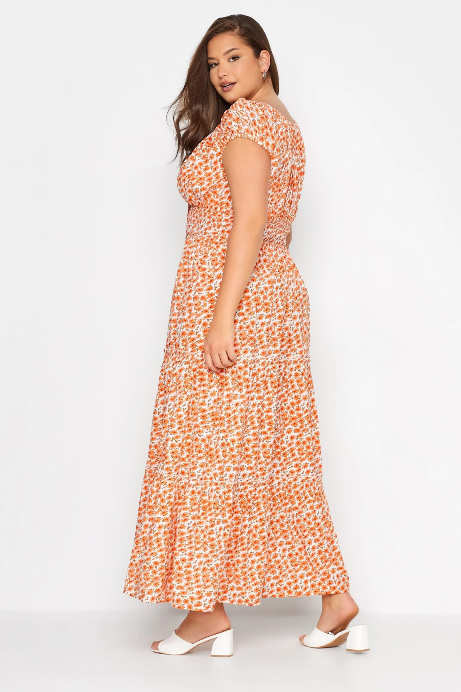 Robe Maxi Orange Floral Coupe Bardot 5 Robe Maxi Orange Floral Coupe Bardot – Image 3