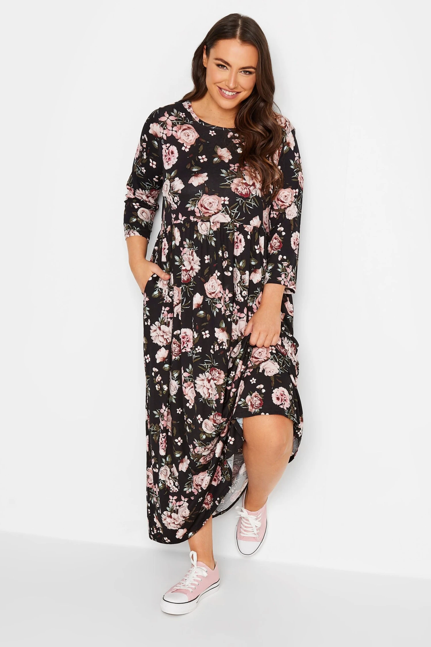 Robe Midi Noire Floral Rose En Jersey 4 Robe Midi Noire Floral Rose En Jersey – Image 2