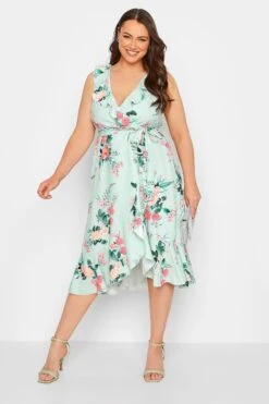 YOURS LONDON - Robe Verte Menthe Floral Rose Cache-Coeur Volanté -GrandeTendance Boutique a2b4efae 5717 43 162053 B