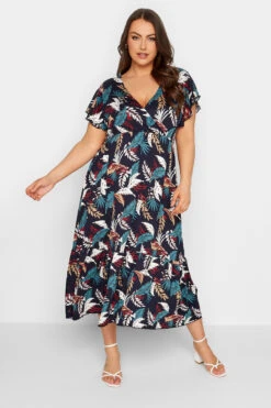 YOURS - Robe Maxi Bleue Marine Cache-Coeur Feuilles Manches Volantées