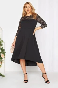 YOURS LONDON - Robe Noire Midi Encolure & Manches En Dentelle