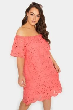 YOURS - Robe Bardot Rose Corail Broderie Anglaise