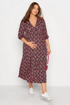 BUMP IT UP MATERNITY - Robe Rose & Noire Floral Manches Longues Volanté