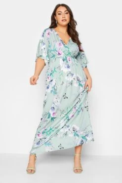 YOURS LONDON - Robe Plissée Verte Eau Floral Longueur Maxi
