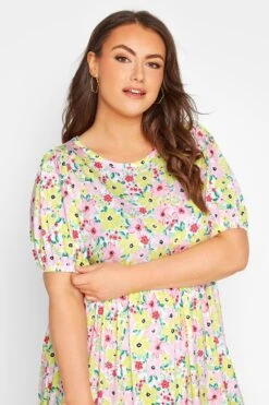 Robe Smocké Jaune & Rose Floral Manches Courtes Bouffantes -GrandeTendance Boutique a8f4d293 f6d6 45 137199 D