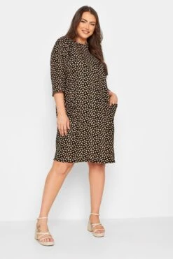 Robe Noire & Beige à Pois Longueur Midi