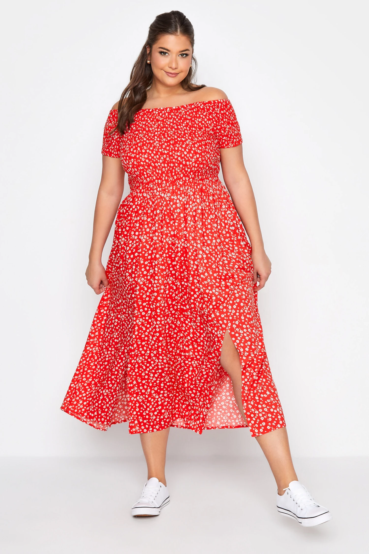 YOURS - Robe Rouge Petites Fleurs En Bardot Manches Courtes 4 YOURS - Robe Rouge Petites Fleurs En Bardot Manches Courtes – Image 2