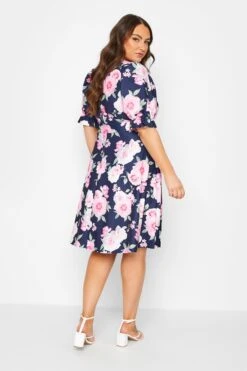 YOURS LONDON - Robe Bleue Marine Floral Rose Manches Bouffantes -GrandeTendance Boutique b625f9dc e98a 46 162204 C