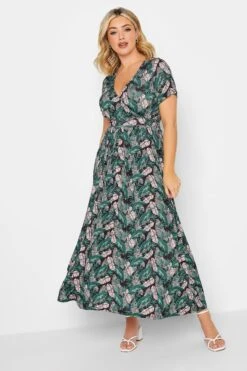 YOURS - Robe Maxi Cache-Coeur Noire Imprimé Feuilles Tropicales Volanté