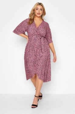 YOURS LONDON - Robe Rose Dalmatien Midi Coupe Cache-Coeur