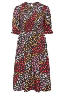 Robe Rouge & Rose Floral Smocké Manches Courtes -GrandeTendance Boutique b73eab65 e5f2 46 137218 X