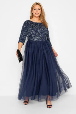 LUXE - Robe Bleue Marine Empiècement Sequin & Tulle