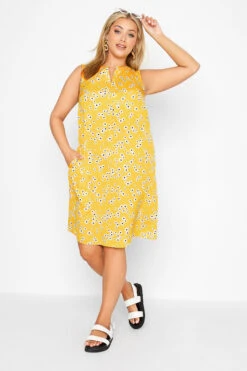 Robe Coupe Droite Jaune Imprimé Fleuri