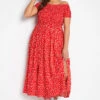 YOURS - Robe Rouge Petites Fleurs En Bardot Manches Courtes